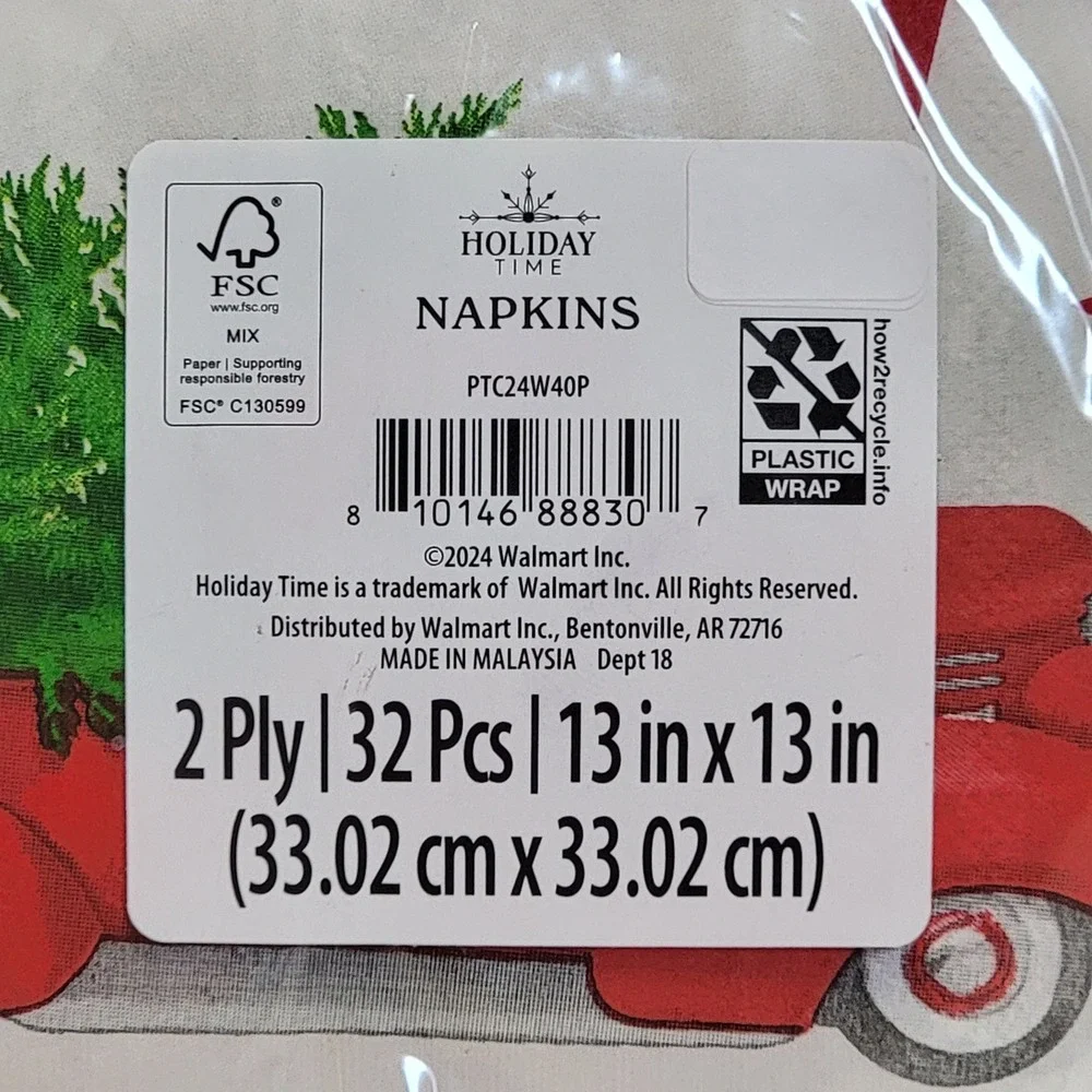 Holiday Time Red Truck Christmas Napkins 64 ct 2 Ply Party‎ Festive Holiday